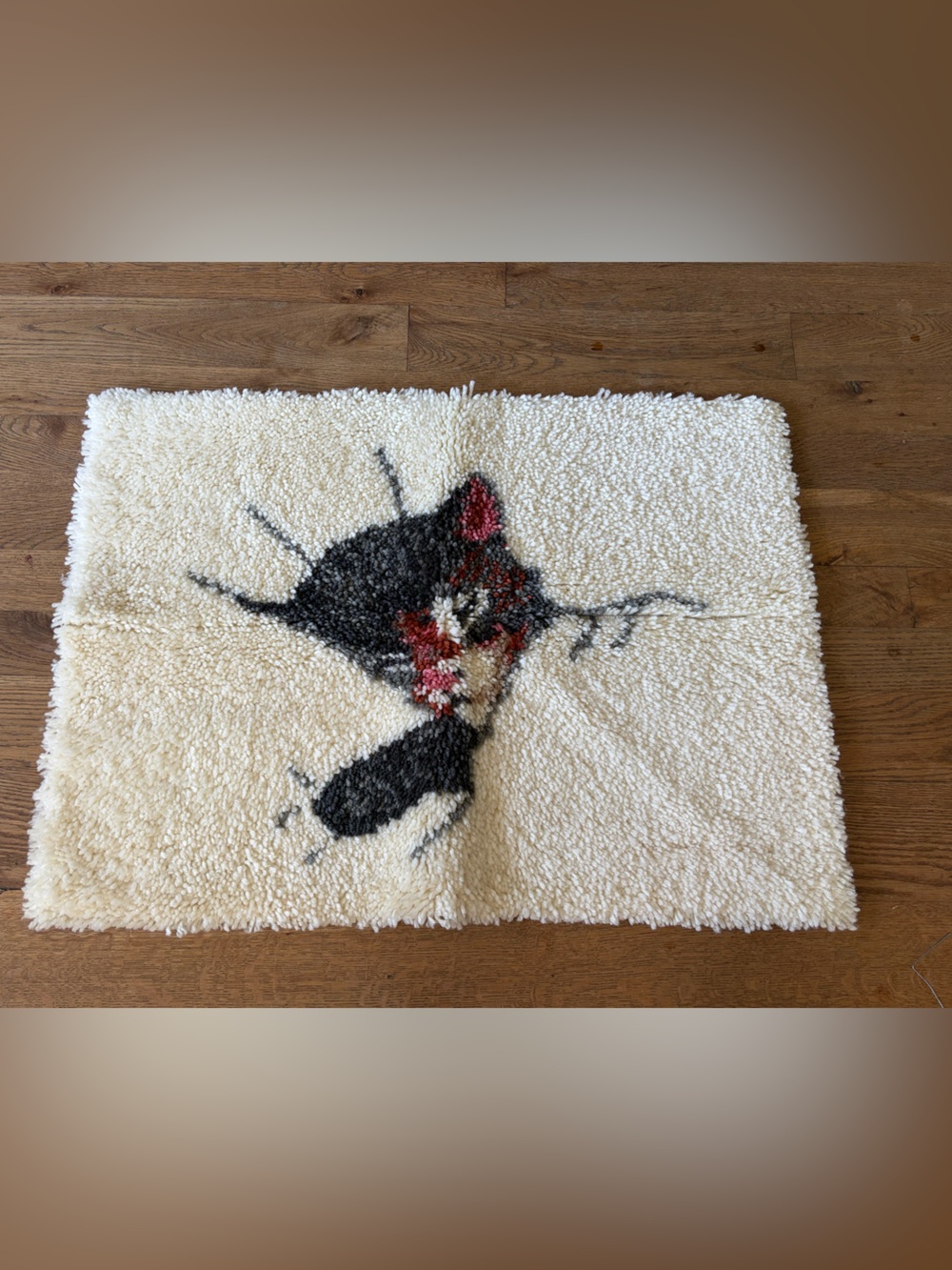 Finished Latch Hook Rug Completed sleeping chessie kitty cat Decor Large 34 x 24